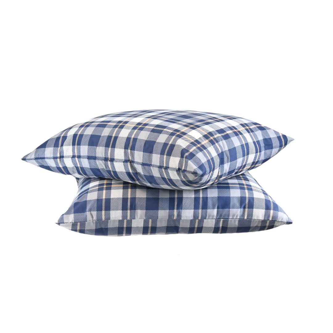 Set van 2 tartan kussenslopen 60x70 cm van 100% microvezel met zachte hotelsluiting in blauw geruit patroon