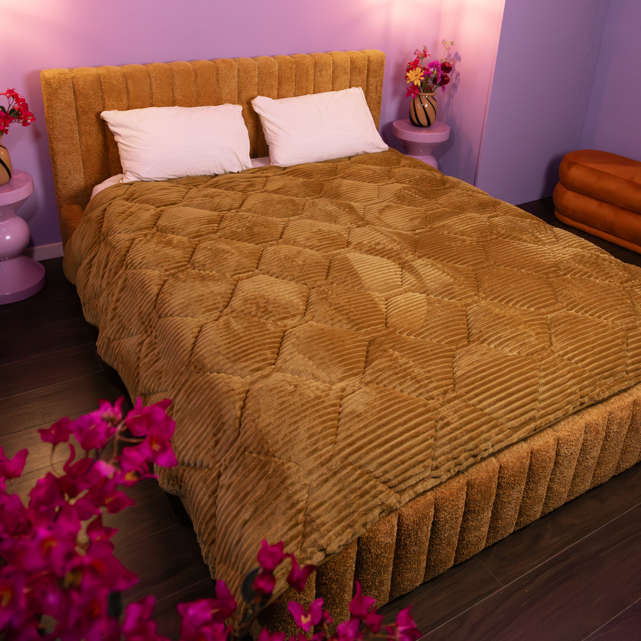 HappyBed Edredón | Felpa de canalé color bronce marrón | Para todo el año