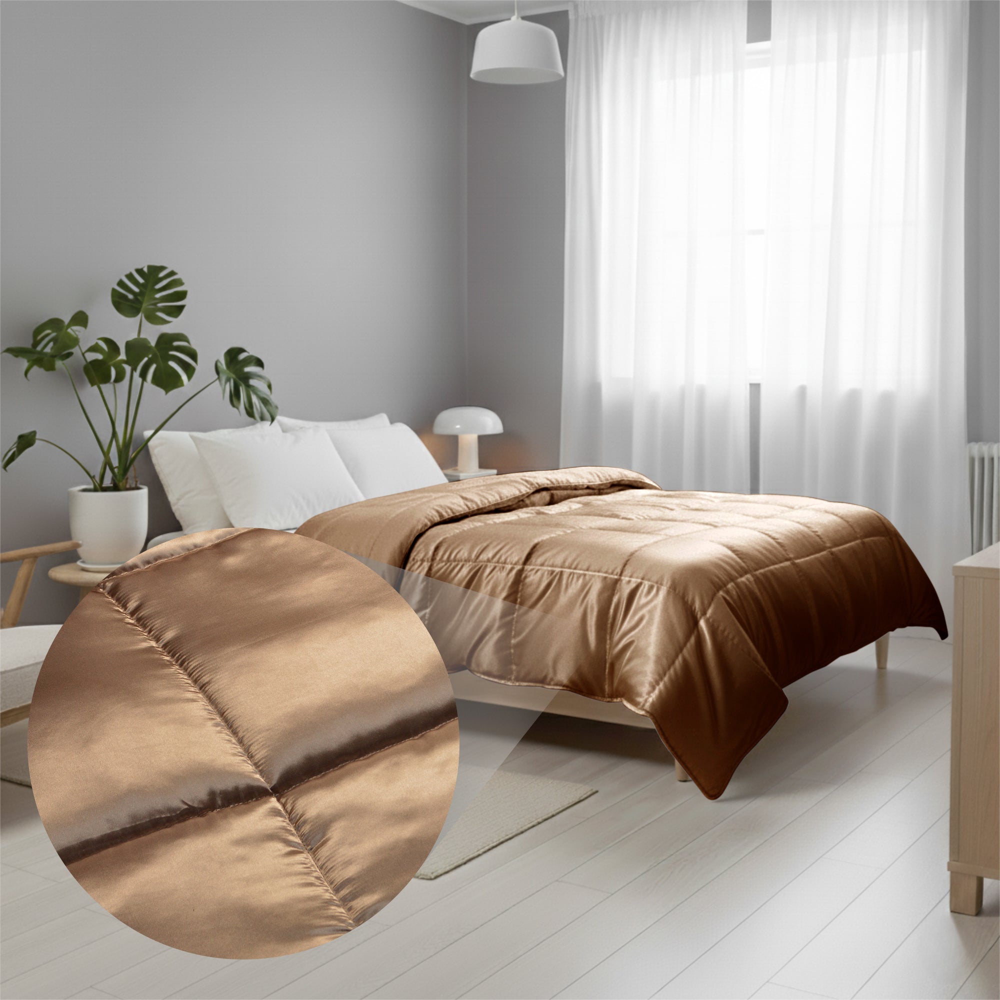 HappyBed Satijn taupe dekbedovertrek in moderne slaapkamer