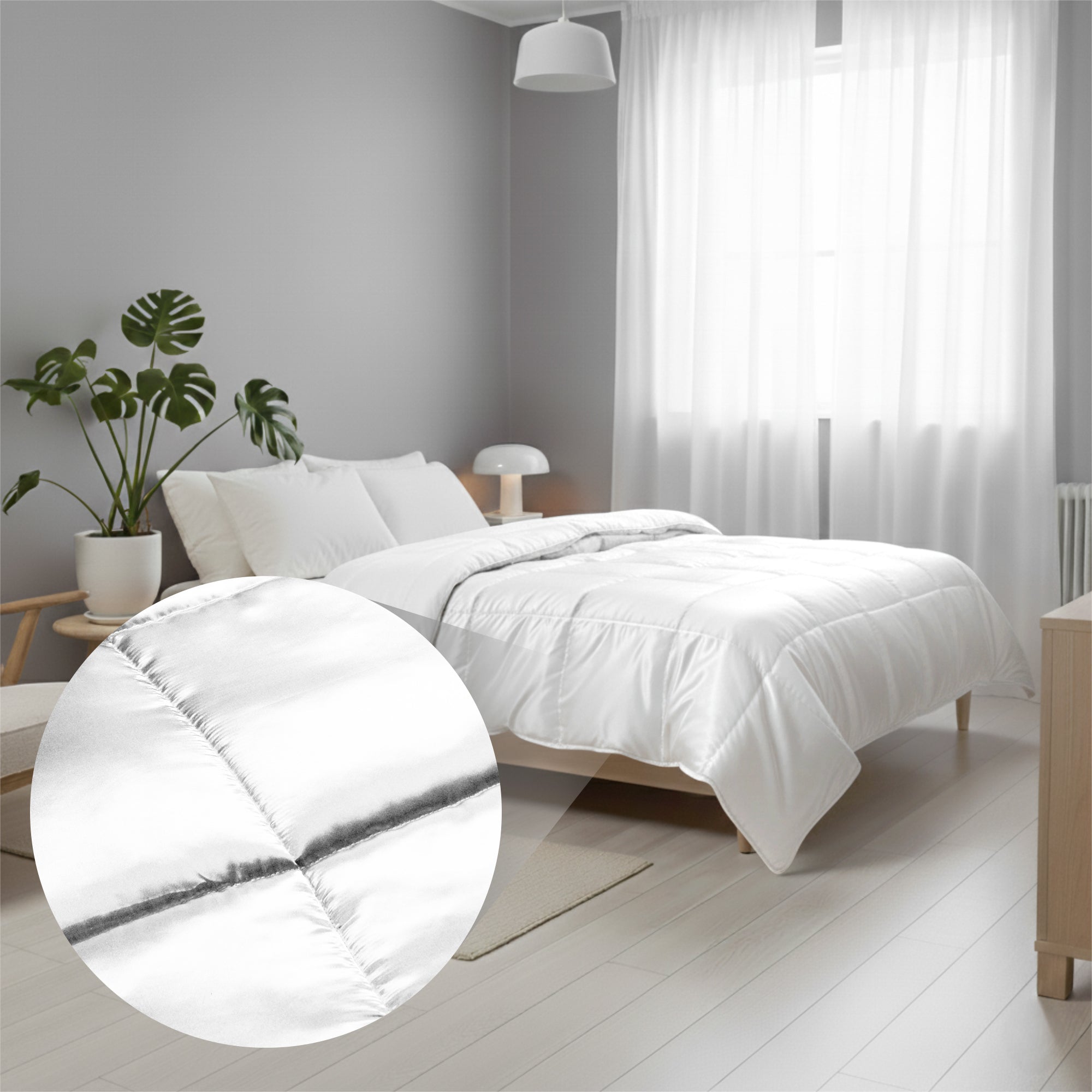 HappyBed Satijn wit dekbed in moderne slaapkamer met natuurlijk licht