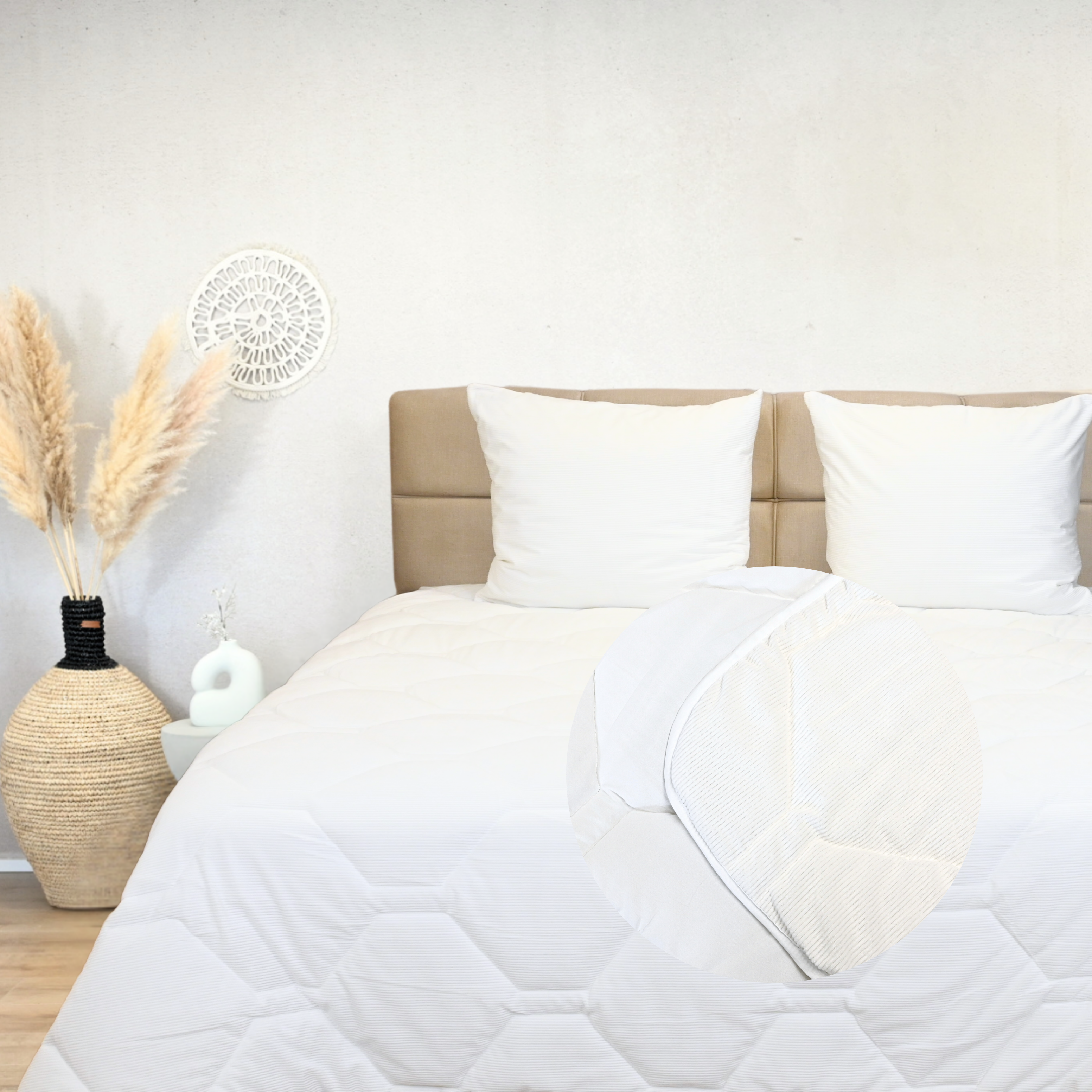 HappyBed Corduroy Frosty White Summer Duvet on bed in modern bedroom setting.