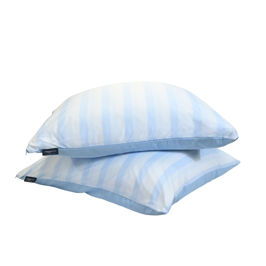 HappyBed Duopack kussenslopen in cooling blue design, featuring breathable fabric with hidden zippers for a snug fit.