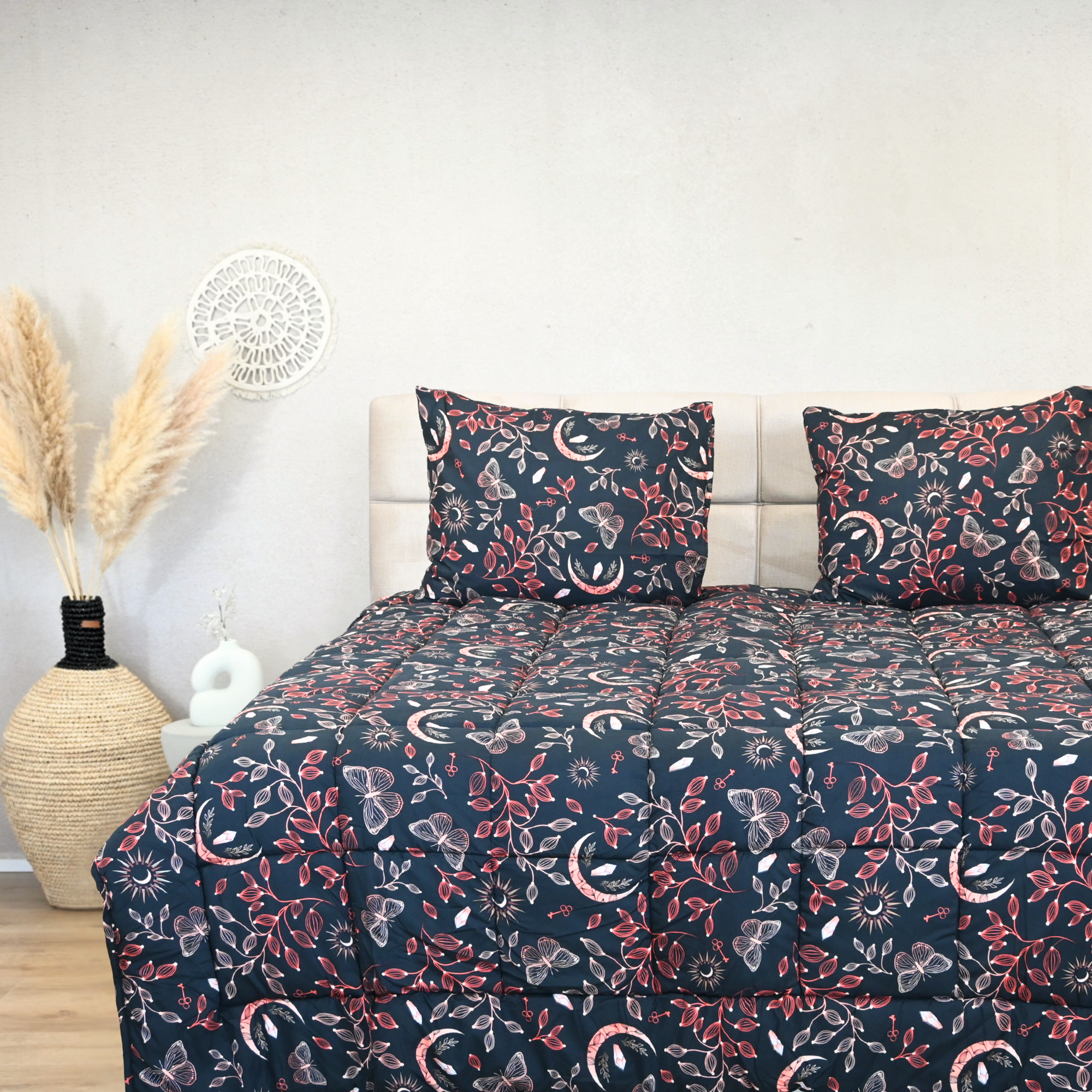 HappyBed Twilight ruby microfibre all-season duvet with celestial print on bed