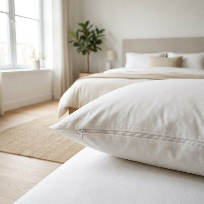 Close-up van een wit hoofdkussen in een kussensloop met ritssluiting op een strak opgemaakt bed in een lichte, moderne slaapkamer.