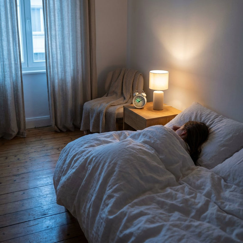 Volwassene slaapt rustig in een modern bed terwijl zacht maanlicht de slaapkamer vult, met een wekker op het nachtkastje als subtiele verwijzing naar slaapcycli.