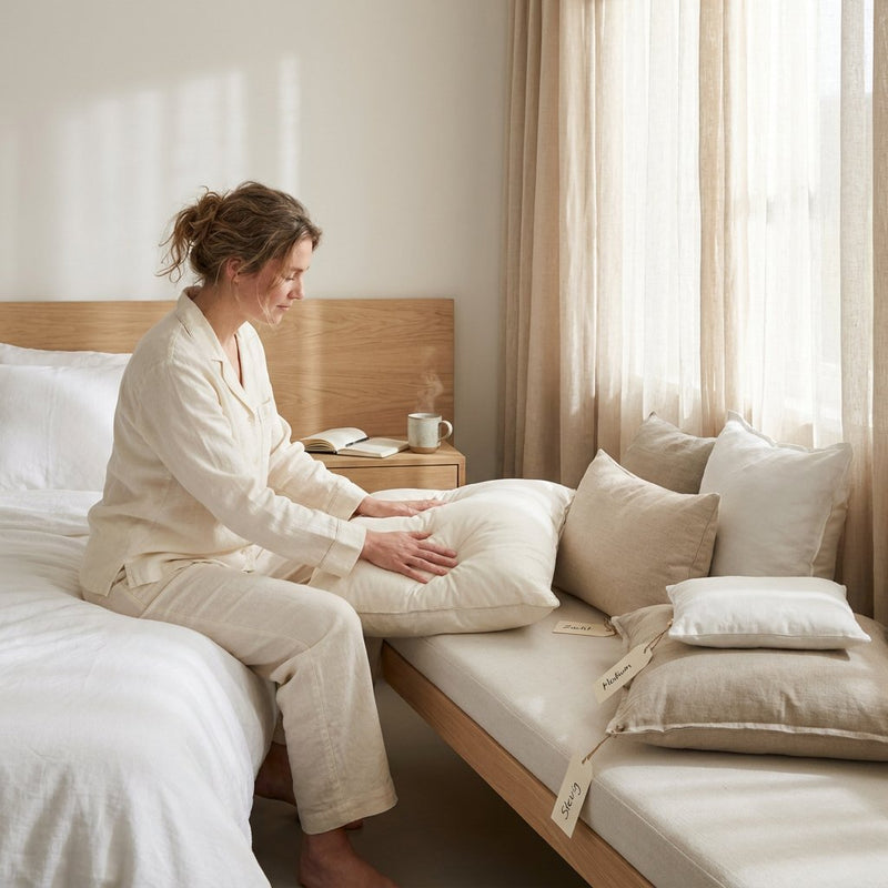 Net opgemaakt bed in een lichte slaapkamer met meerdere hoofdkussens in verschillende hoogtes, terwijl een vrouw het juiste kussen vergelijkt.