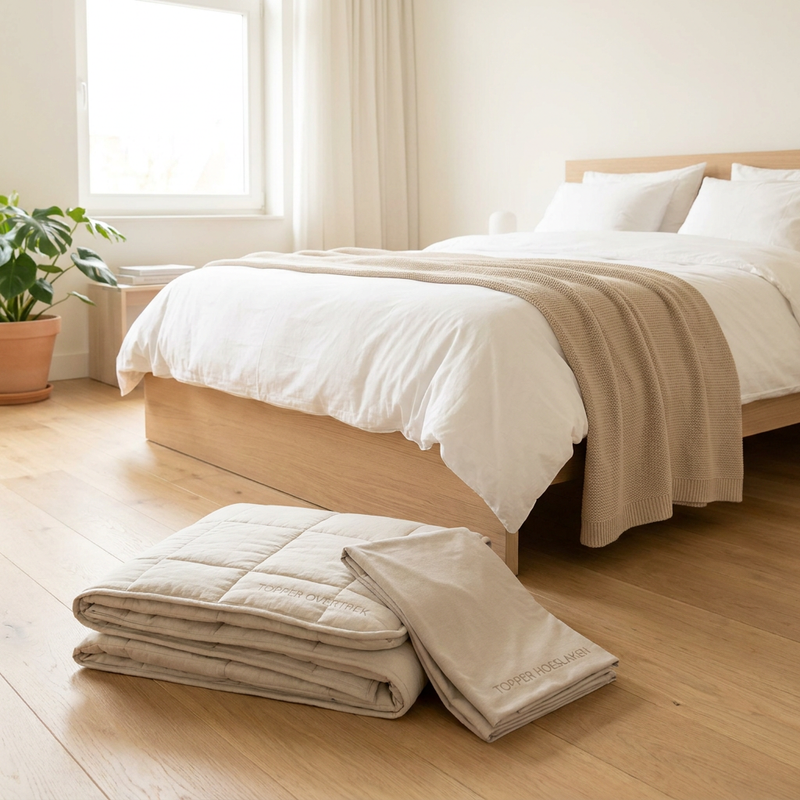 Neat modern bedroom with a made bed, folded topper cover and fitted topper sheet displayed side by side in soft daylight.