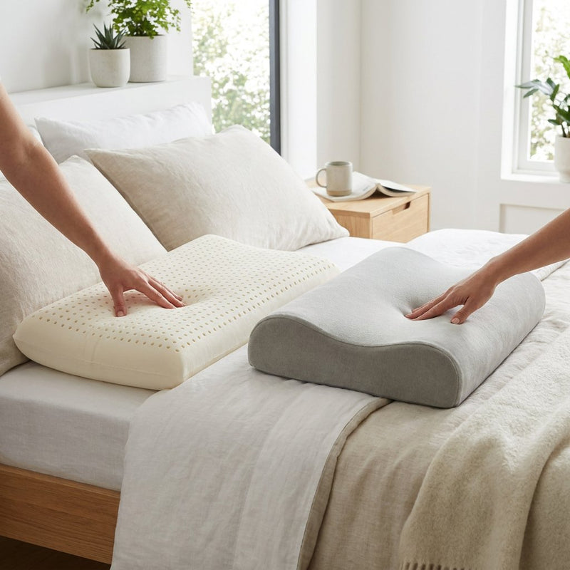 Twee verschillende kussens op een netjes opgemaakt bed in een lichte slaapkamer, met een hand die de vorm en stevigheid vergelijkt.