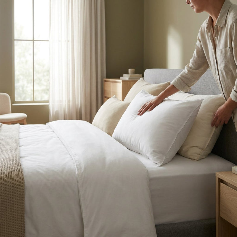 Op een strak opgemaakt bed liggen meerdere volle witte hotelkussens in een lichte, moderne slaapkamer met zacht daglicht en rustige luxe details.