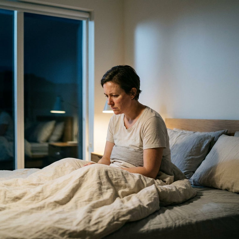 Volwassene zit wakker rechtop in bed in een rustige moderne slaapkamer, zacht nachtlamplicht en een gespannen blik die avondlijk piekeren toont.