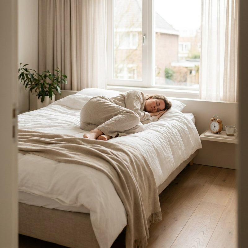 Persoon rust kort op een opgemaakt bed in een lichte moderne slaapkamer, met zacht daglicht en een kalme sfeer die een korte powernap uitbeeldt.
