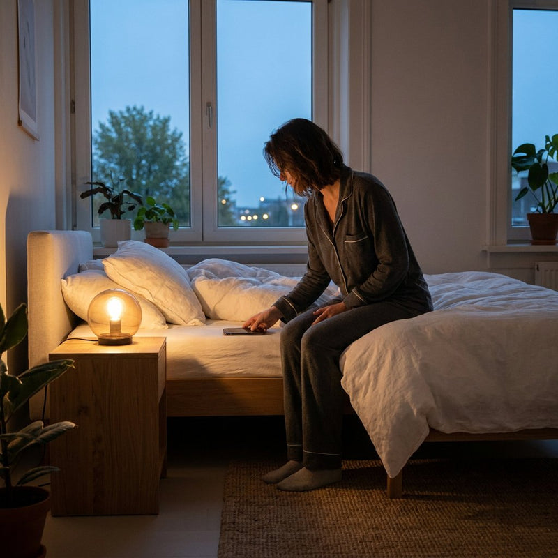 Volwassene legt smartphone weg op een nachtkastje naast een opgemaakt bed in een rustige, modern Nederlandse slaapkamer met warm avondlicht.