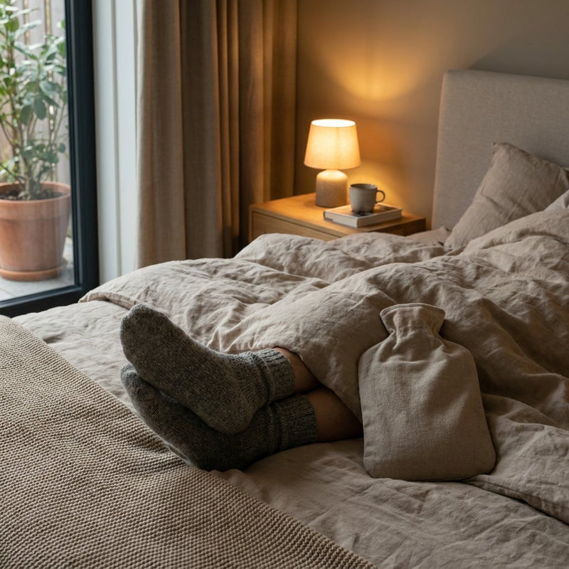Persoon ligt in een modern bed met dikke sokken en een kruik bij de voeten, in een rustige Nederlandse slaapkamer met zacht avondlicht.