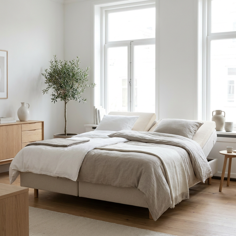 Net opgemaakt verstelbaar tweepersoonsbed met splittopper in een lichte moderne slaapkamer, waarbij beide hoofdeinden apart iets omhoog staan.