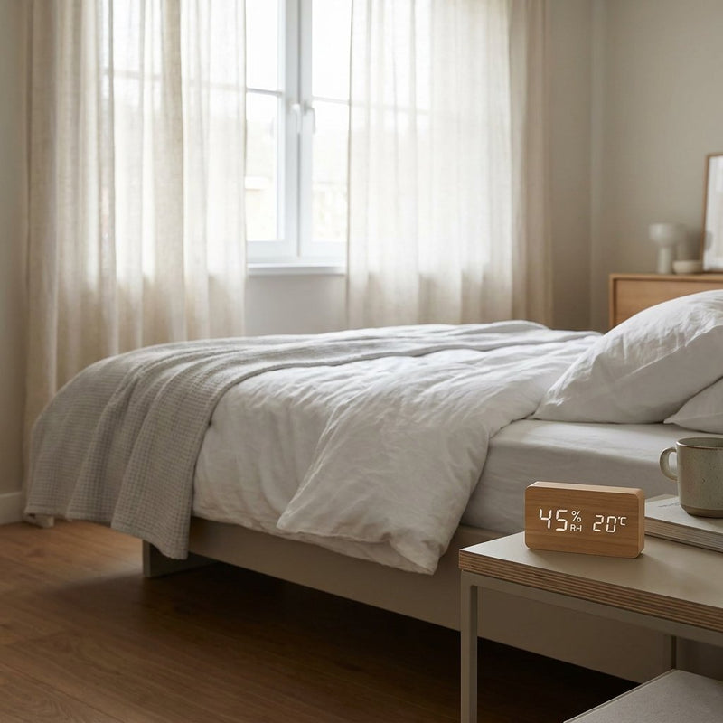 Rustige moderne slaapkamer met opgemaakt bed en digitale hygrometer op het nachtkastje die de luchtvochtigheid meet in zacht ochtendlicht.