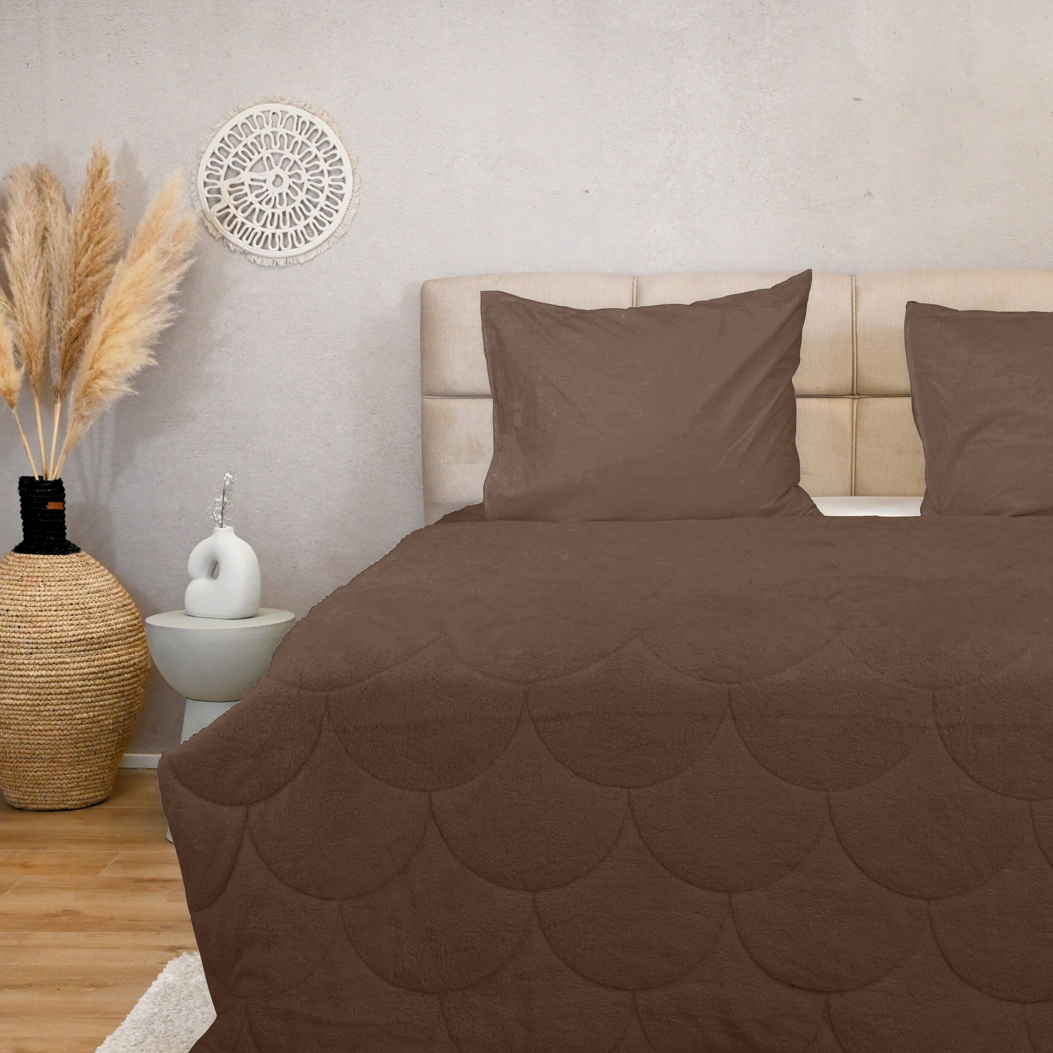 HappyBed teddy brown all-season duvet with dual comfort microfibre and polyester design in modern bedroom setting.