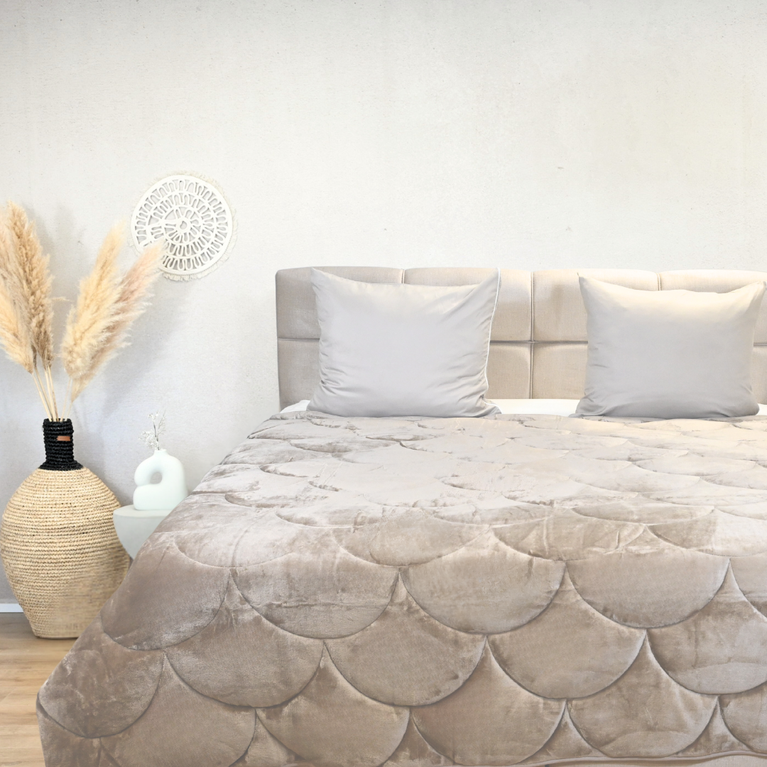 Luxurious taupe velvet HappyBed duvet on a stylish bed, perfect for all seasons.