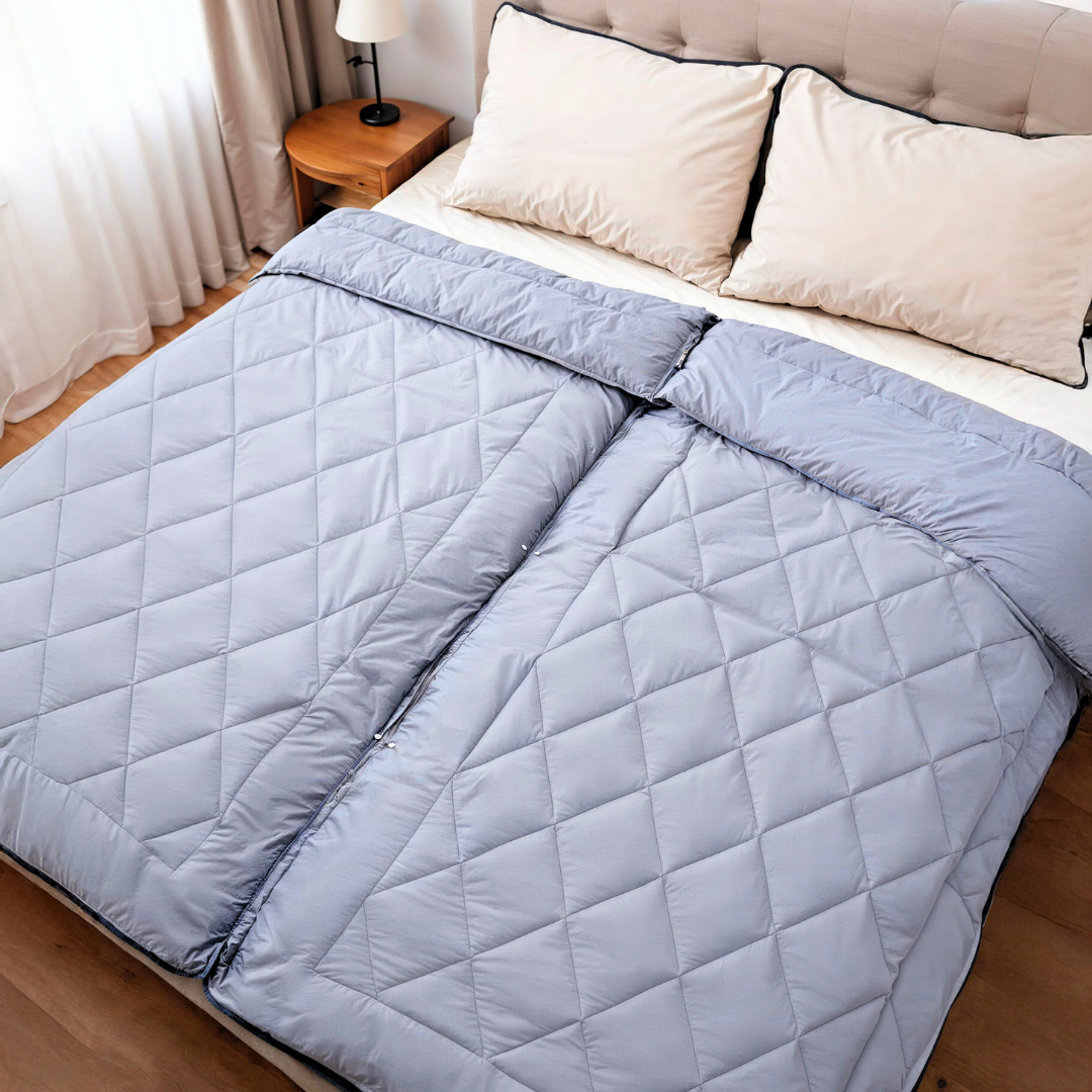 Happybed Grey adjustable partner duvet for all seasons with snap buttons.