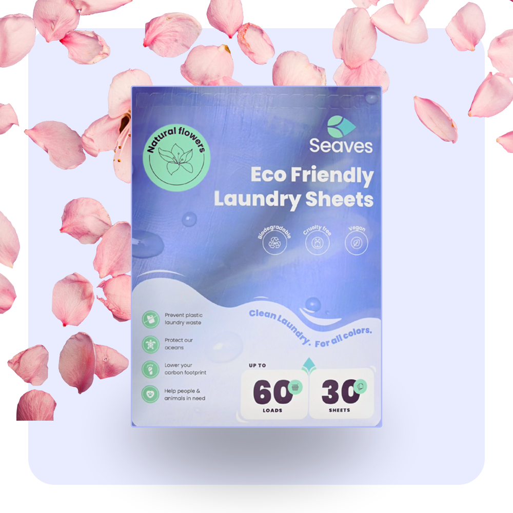 Seaves eco-friendly laundry sheets packaging with 30 wasstrips for up to 60 washes, surrounded by pink petals.