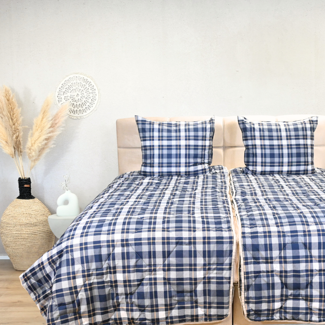 Happybed Tartan partnerdekbed met verstelbare temperatuur, seizoensgebonden comfort, en makkelijke wasbare hoes.