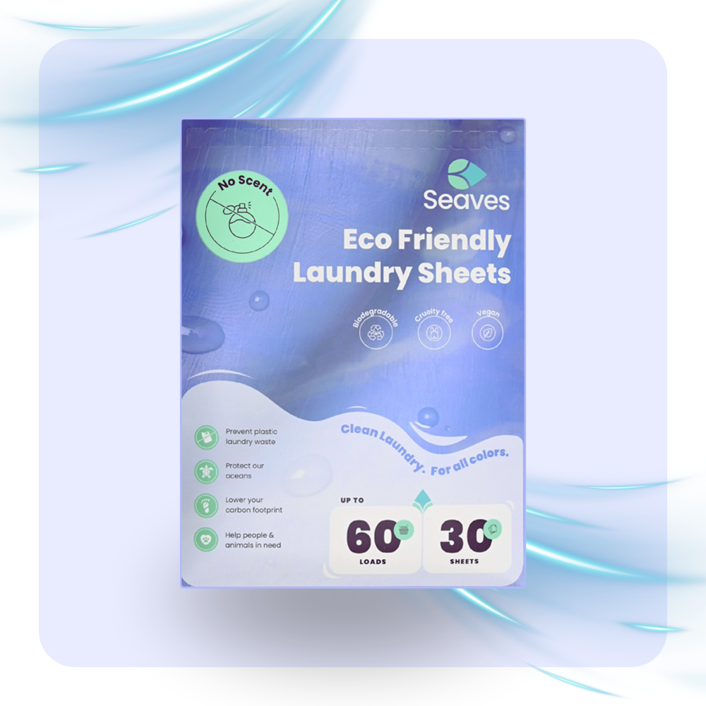 Seaves no-scent eco-friendly wasstrips packaging, 30 sheets for 60 loads, sustainable laundry solution.