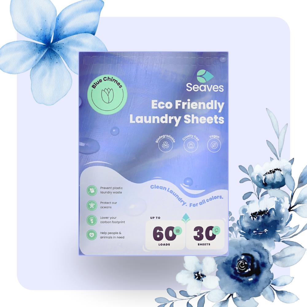 Seaves Blue chimes eco-friendly wasstrips packaging with floral design, showing 30 sheets for 60 loads.