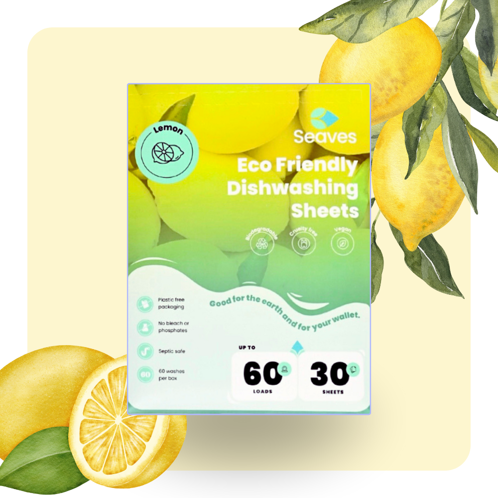 Seaves Eco-Friendly Vaatwasser Strips - 30 sheets per pack, up to 60 washes, lemon scent.