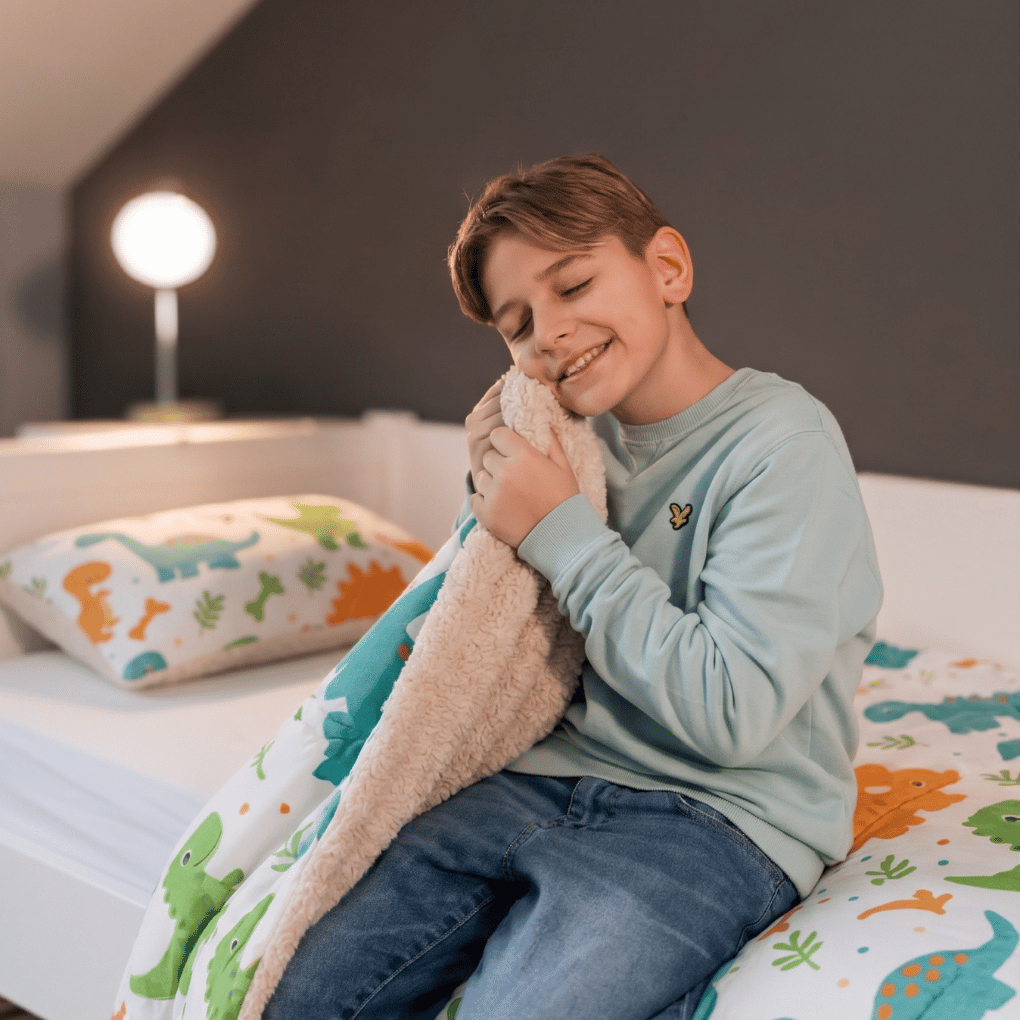 Couette 4 saisons lavable| Enfants| Teddy sherpa| Happy Dinos