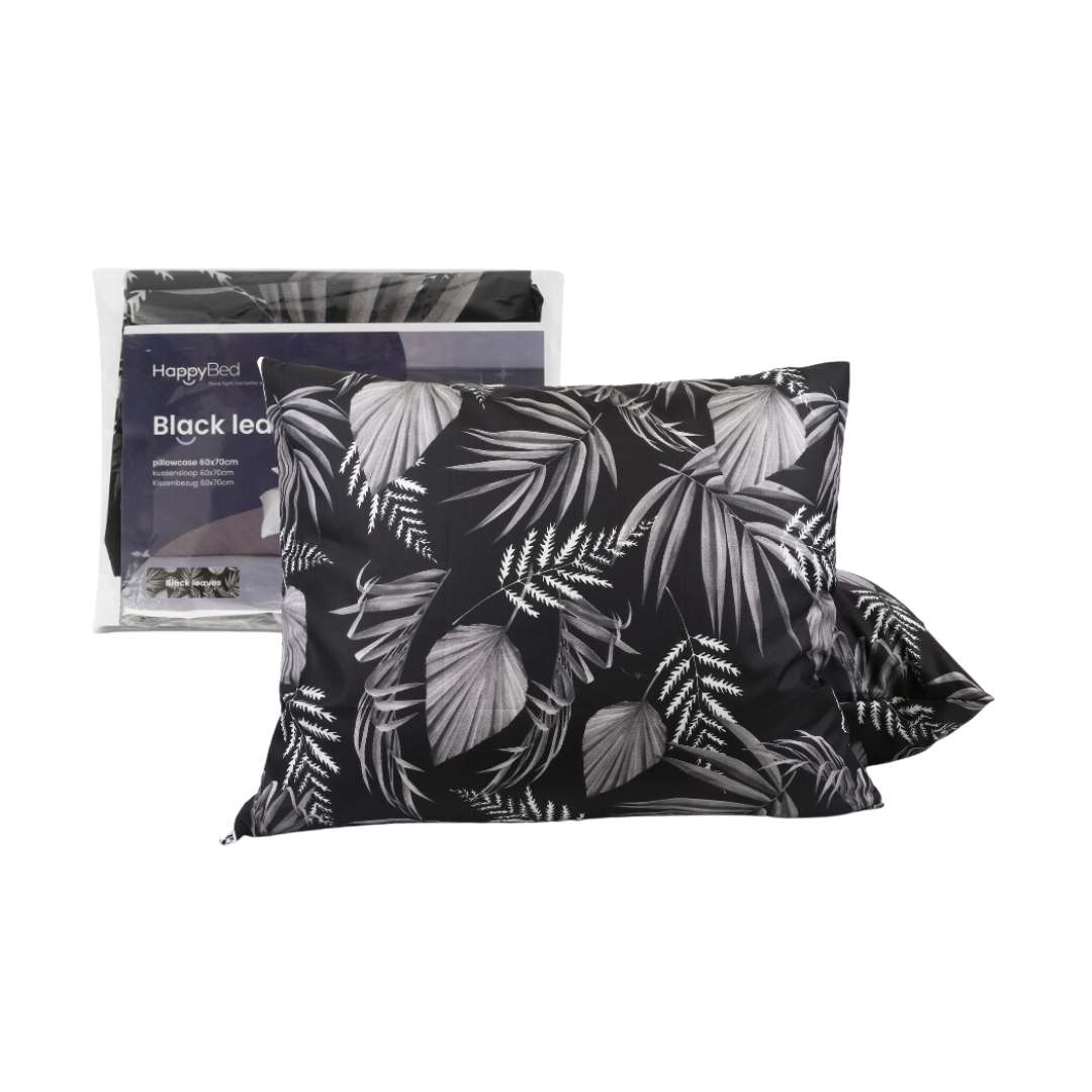 HappyBed | Schwarzes Blätter-Kissenbezug-Set, 2-teilig – 40 x 80/80 x 80 cm – 100 % Mikrofaser - SKU: 8721001727599