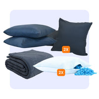 HappyBed complete set bundle in dark blue including duvet, decorative cushions, pillowcases, and pillows for luxury bedroom comfort