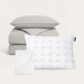 Grijze HappyBed Cooling Bundel met IceSilk™ zomerdekbed, kussenslopen en premium hoofdkussen voor koel en fris slapen
