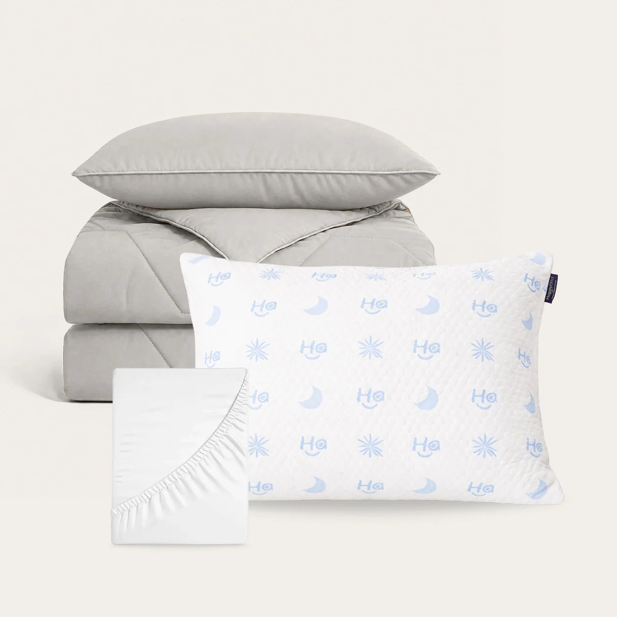 Grijze HappyBed Cooling Bundel met IceSilk™ zomerdekbed, kussenslopen en premium hoofdkussen voor koel en fris slapen
