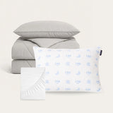 Grijze HappyBed Cooling Bundel met IceSilk™ zomerdekbed, kussenslopen en premium hoofdkussen voor koel en fris slapen