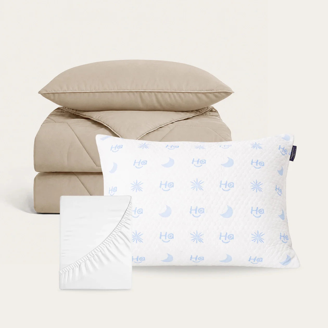 HappyBed Cooling Bundel Taupe met IceSilk zomerdekbed, kussenslopen en verstelbaar hoofdkussen voor koele zomernachten
