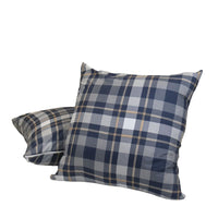 Two HappyBed tartan patterned decorative pillow covers in blue and gray tones with practical zipper closure