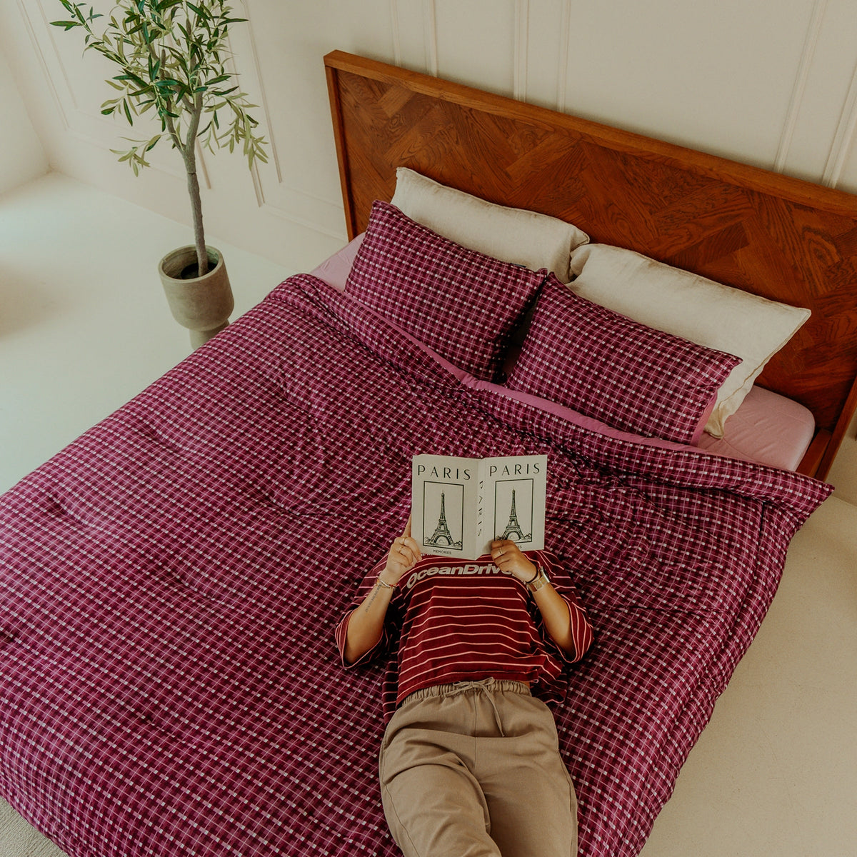 Washable All Season Duvet | Marshmallow | Tartan Burgundy