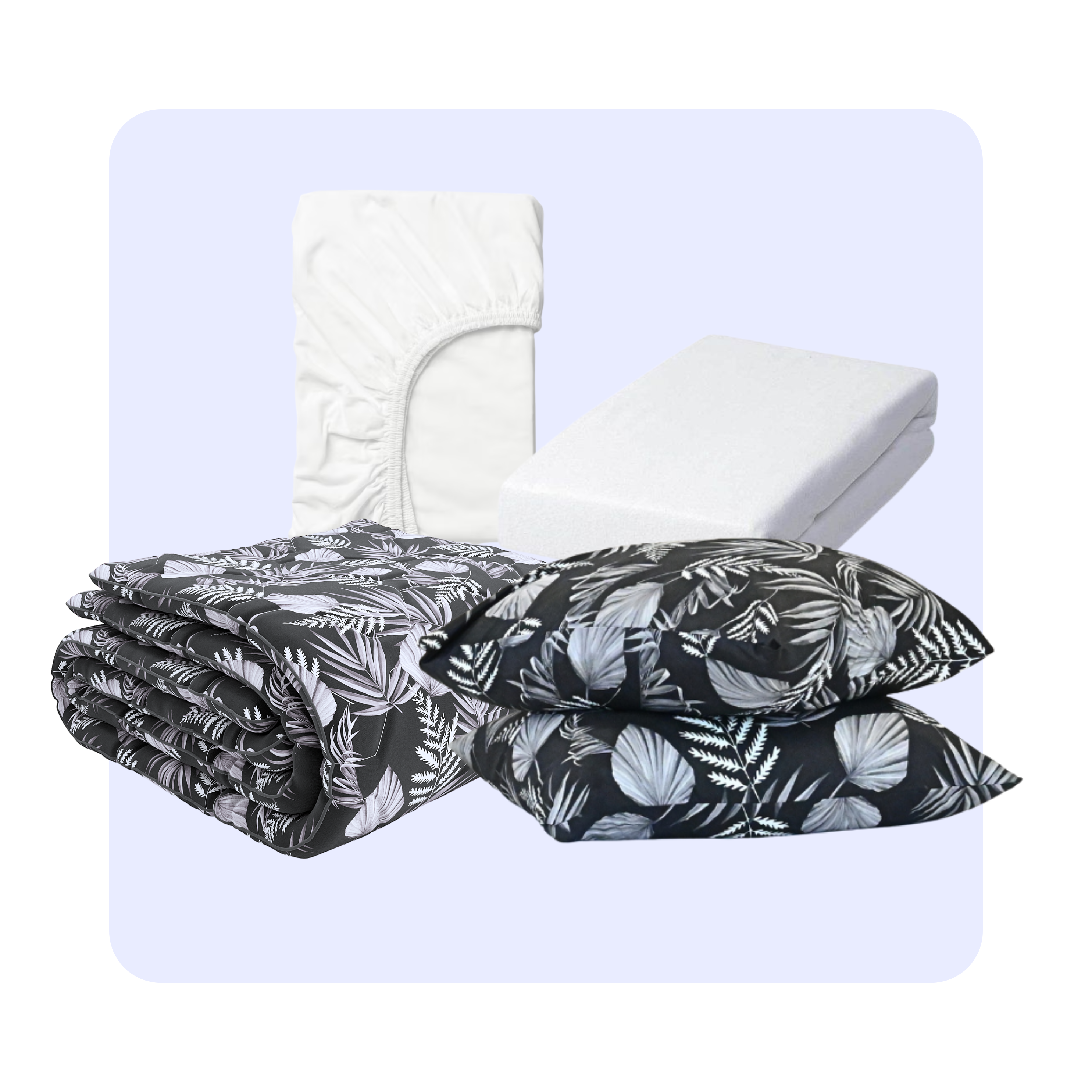 HappyBed Bundle: Black Leaves – Bettdecke, Kissenbezug (60x70 cm), Spannbetttuch & Molton - Ganzjahresdecke - SKU: 