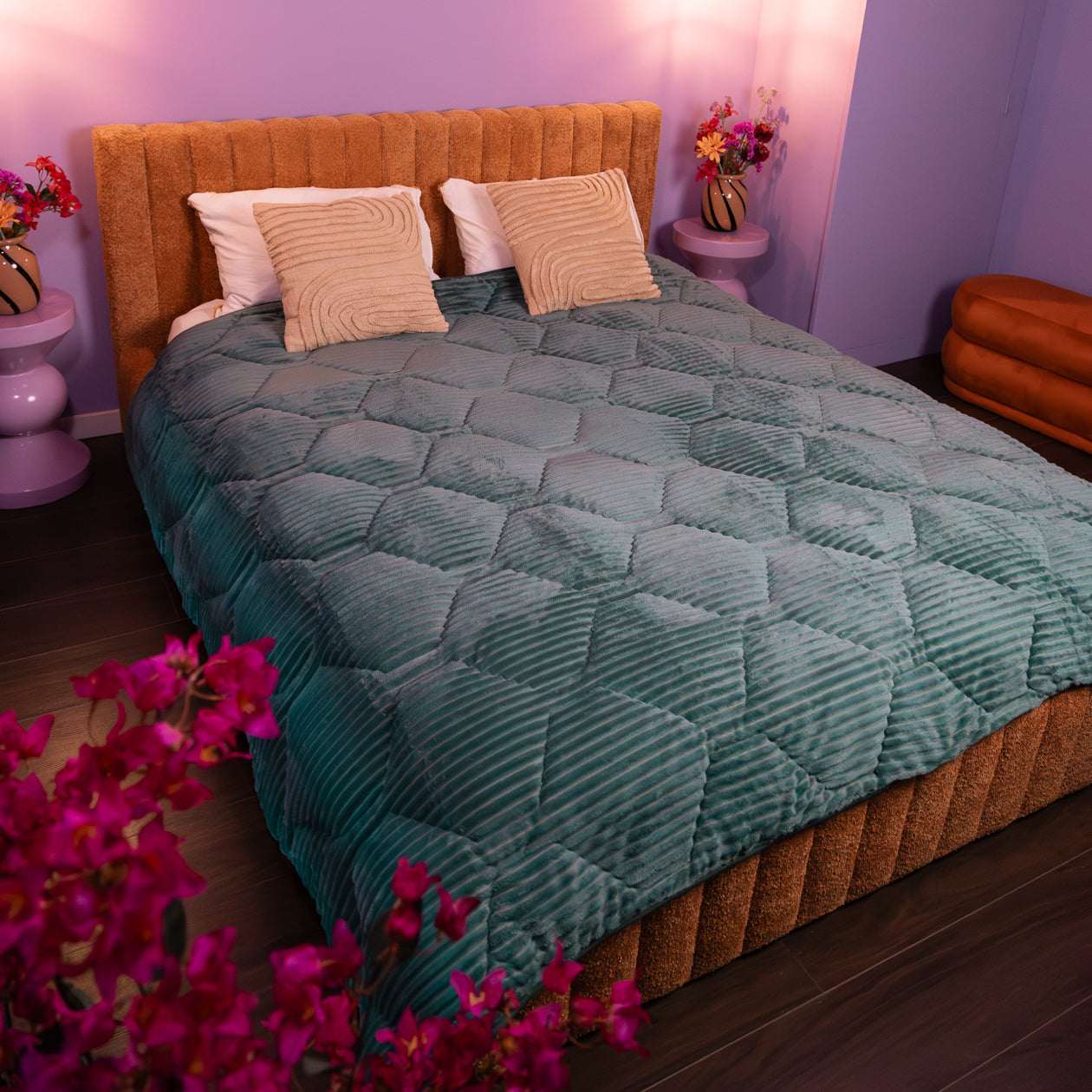 HappyBed Edredón | Felpa de canalé verde salvia | Para todo el año