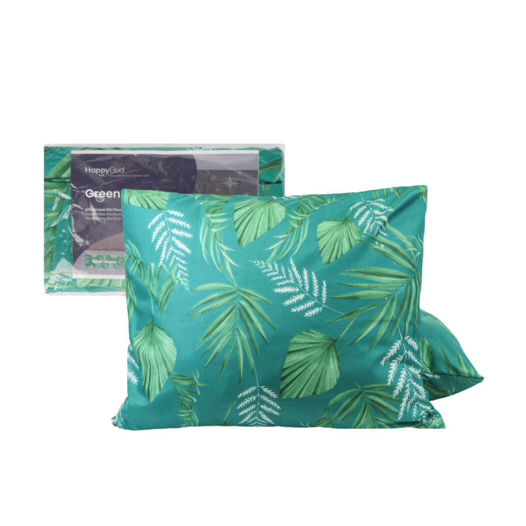 Green leaves pillowcase set of 2, 60x70cm, 100% microfiber, featuring easy zipper closure and stylish design by HappyBed.