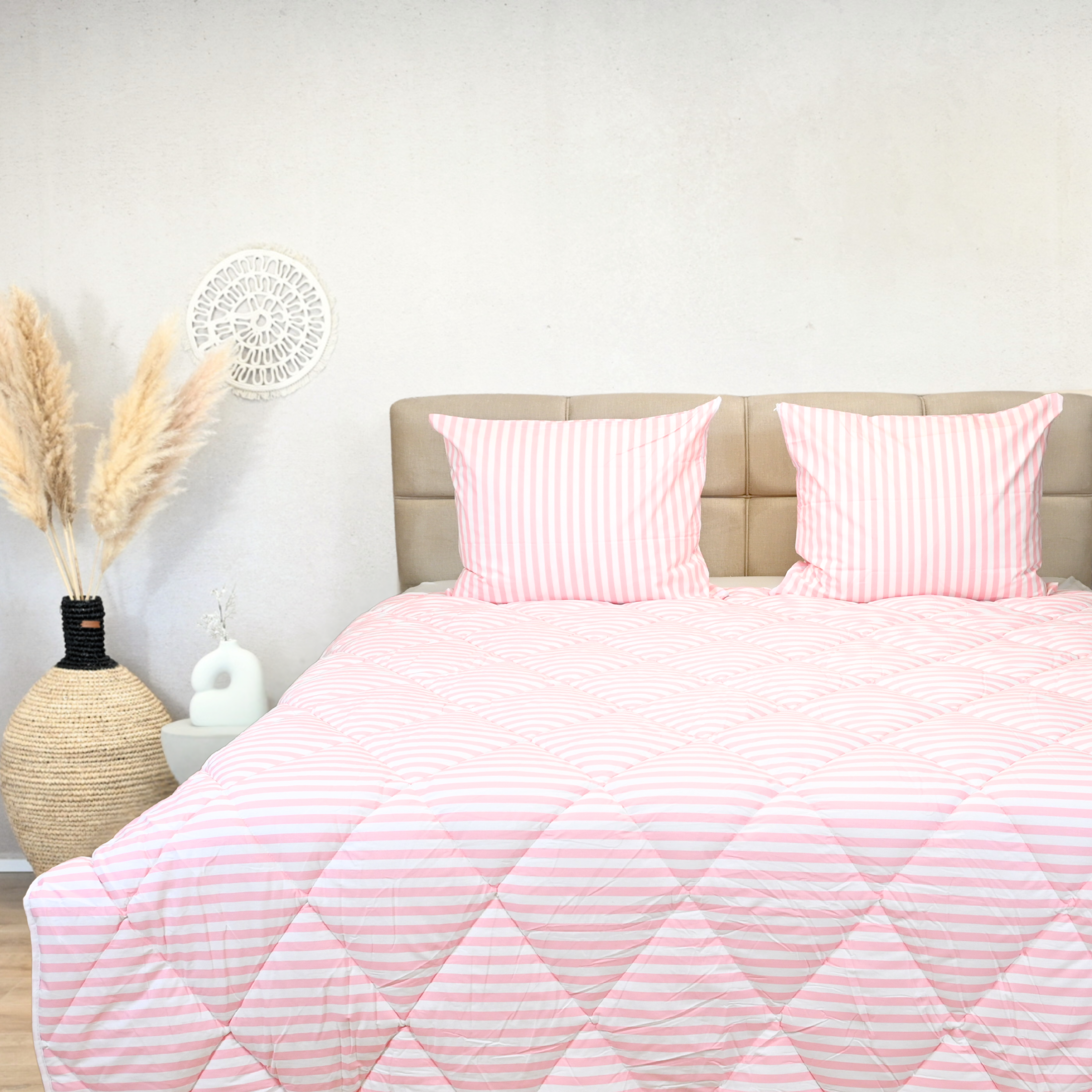 HappyBed Cotton Candy duvet on bed with striped pillows, 100% cotton, all-season comfort.